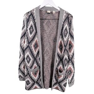 Roxy Geometric Diamond Cardigan‎ Women XS Gray Pink Boho Open Front Sweater